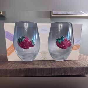 Set of 2 Strawberry Embellished Stemless Wine Glasses